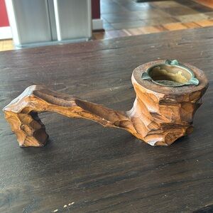 Handcrafted Wooden Pipe Ashtray with Brass Insert